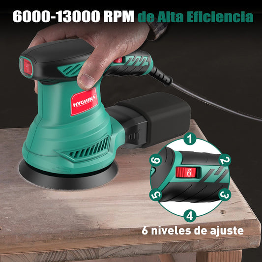 HYCHIKA 300W Random Orbital Sander with 12 Pieces Sandpaper 6 Speeds 230V Sanding Machine for Wood Metal Polishing Tools