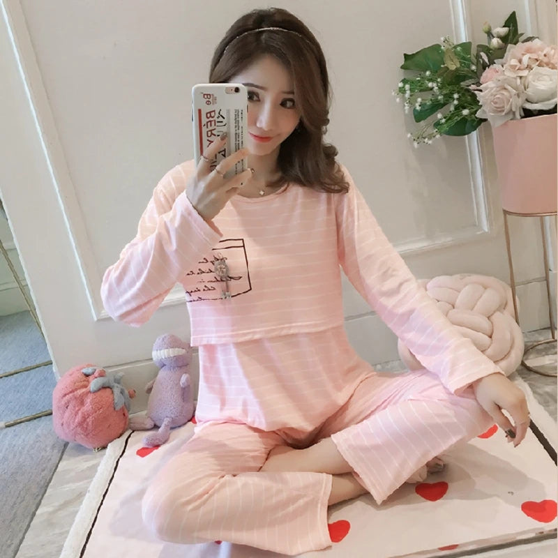 Women Nursing Pyjamas Homewear Spring Autumn Maternity Pajamas Set Cute Breastfeeding Clothes Long-sleeved Pregnancy Sleepwear