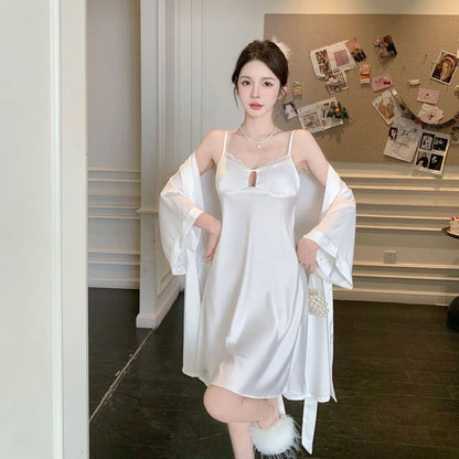 Robe Gown Sets Women Summer Silk Dress Leisure Elegant 2pcs Sleep Lounge Robe Sleepwear Womens Nightdress Soft Bathrobe