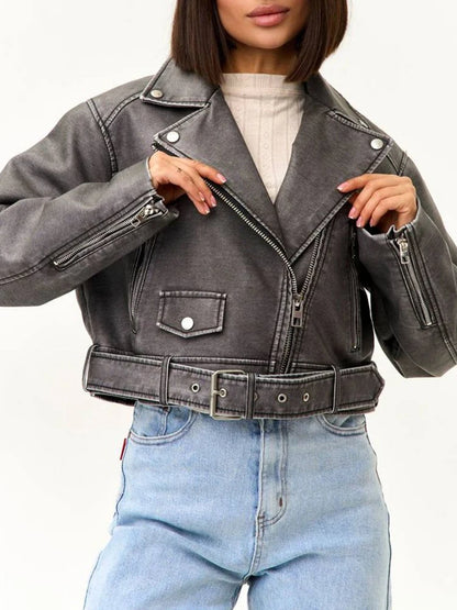 Ailegogo Women Vintage Loose Short Pu Faux Leather Jacket Spring Autumn Female Zipper Belt Coat Moto Biker Outwear