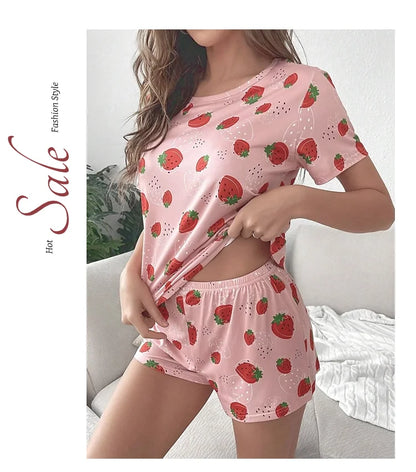 Pajamas Set for Women Breathable Strawberry Print Sleepwear Comfy Short Sleeve Top and Shorts Pyjama Home Loungewear for Ladies