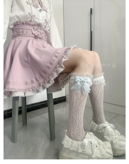 JK Lolita Lace Stockings Bow Knot Sweet Socks Female Long Stocking Teen Uniform Calf Socks Student Cute JK Socks