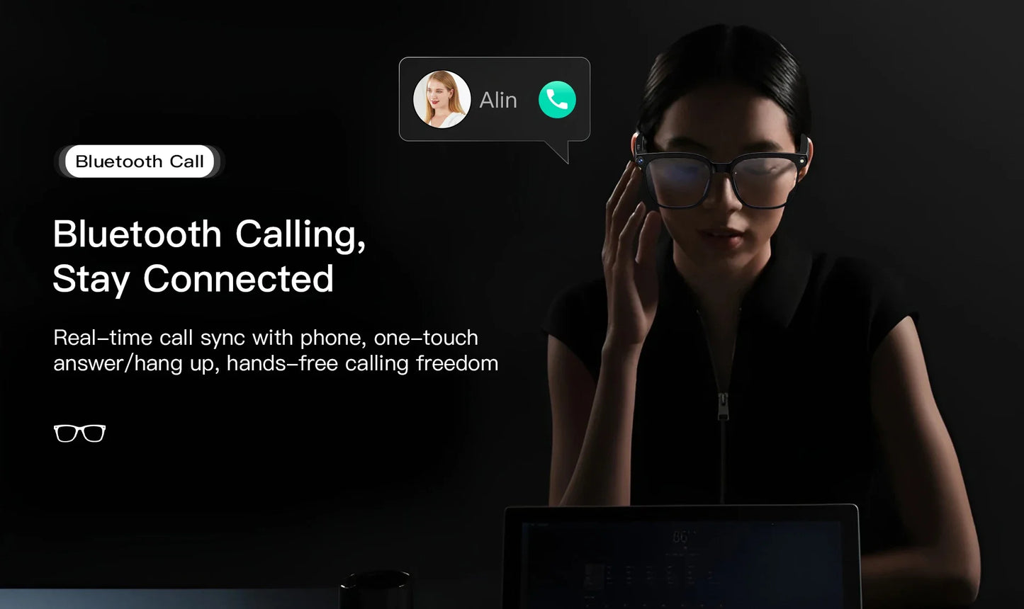 Lunettes intelligentes avec traduction IA, prise de photos, reconnaissance d'objets, caméra 4K, Bluetooth, musique, appels et enregistrement intelligent.