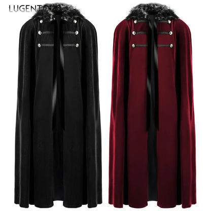 Men Punk Vintage Cape Casual Cloak Halloween Fur Collar Hooded Trench Medieval Costume Renaissance Party Autumn Winter Long Coat