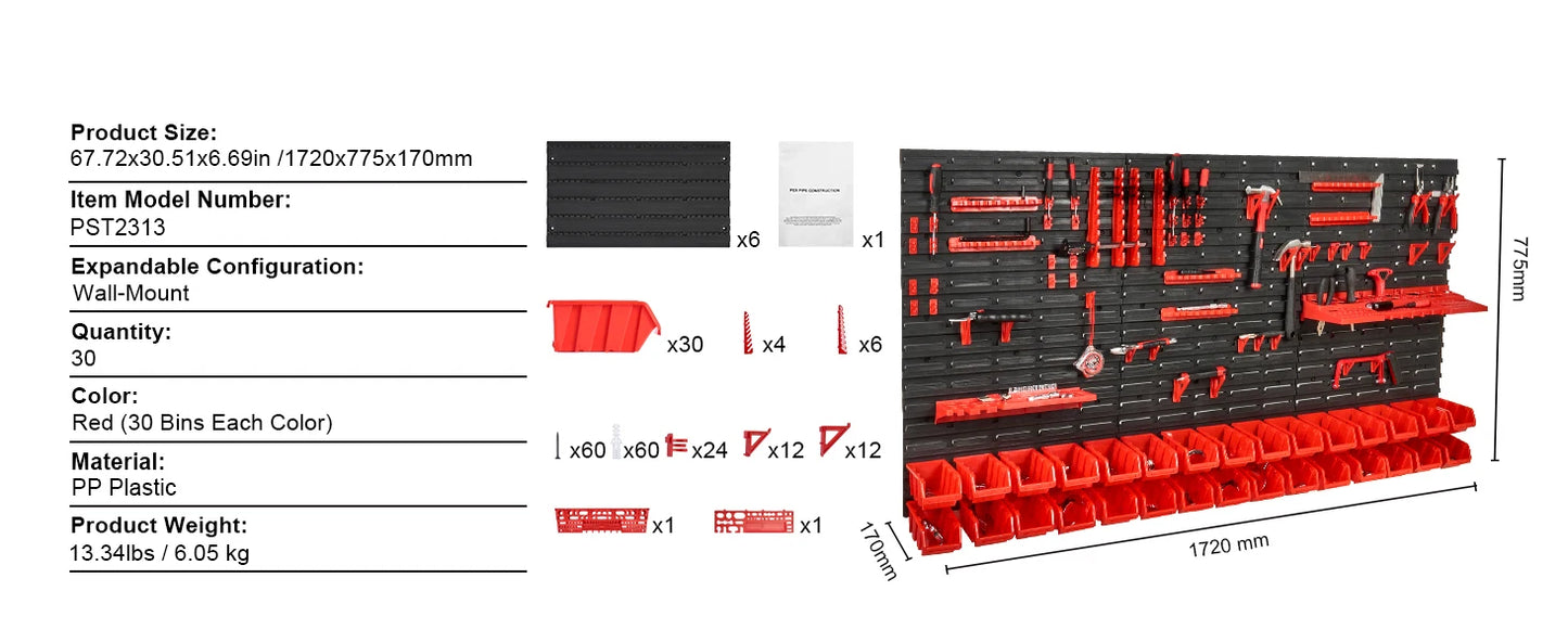 SucceBuy Wall Mounted Storage Bins 30/48Bin Parts Rack Organizer Garage with Wall Panels Hooks Plastic Shop Tool for Screw Nails