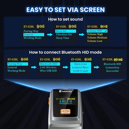 Scanner de codes-barres EYOYO Bluetooth QR 2D 1D avec écran LED, lecteur de codes-barres laser sans fil pour paiements mobiles iOS, Android et Windows.