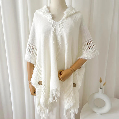 Women Knitted Cape Shawl Wrap Cloak Ethnic Hooded Poncho Hoody Jumper Sweater Tassels Dropshipping