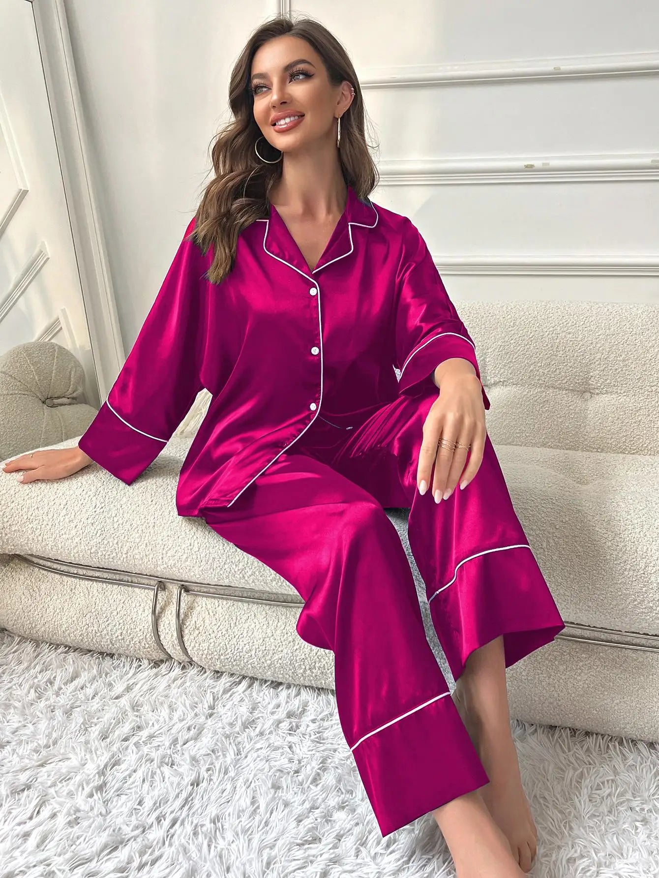 Women's Pajama Set Sleepwear Suit Loungewear Pj Set Satin Long Sleeve Tops With Pants 2 Pieces Pjs Pajamas for Women Pyjama