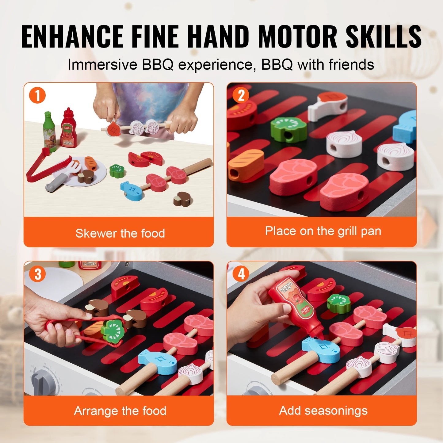 SucceBuy Cuisine de simulation Barbecue Ensemble de jeu de grill en bois, jouet Montessori pour enfants, cadeau pour filles