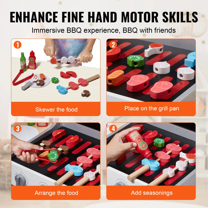 SucceBuy Cuisine de simulation Barbecue Ensemble de jeu de grill en bois, jouet Montessori pour enfants, cadeau pour filles