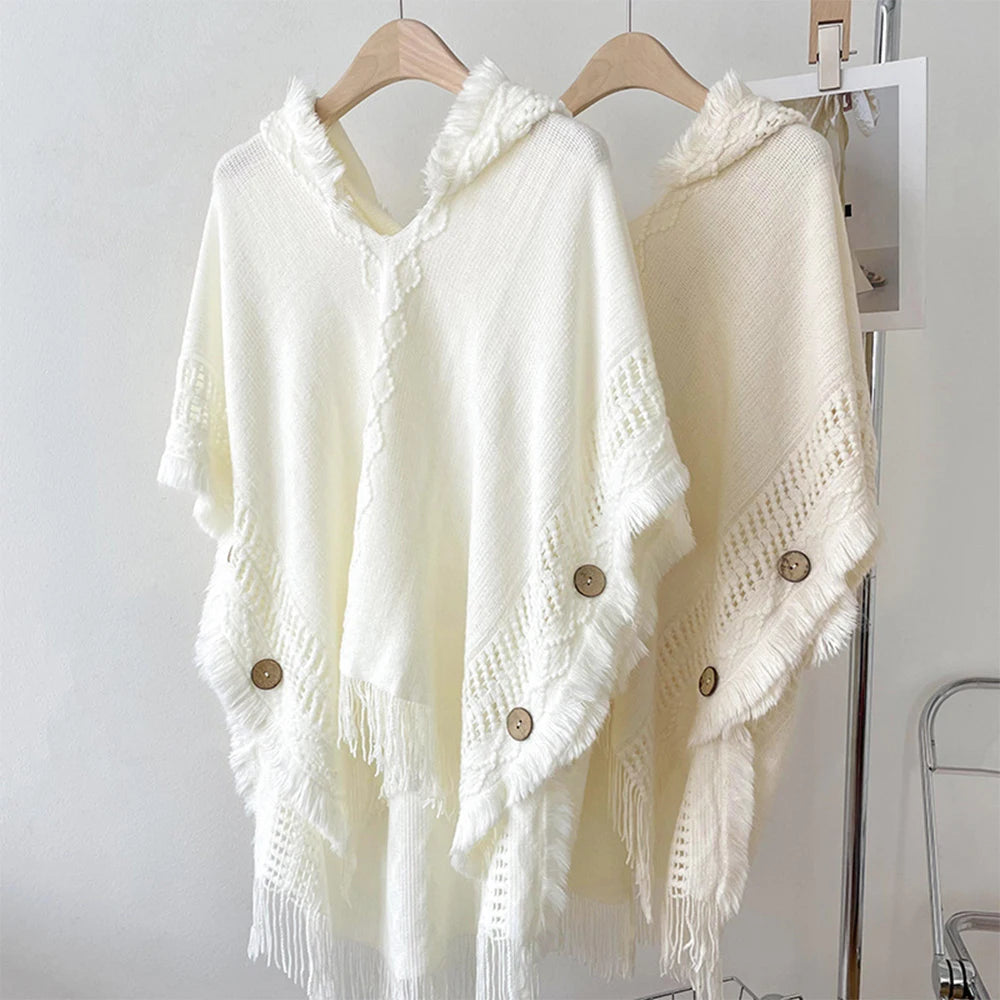 Women Knitted Cape Shawl Wrap Cloak Ethnic Hooded Poncho Hoody Jumper Sweater Tassels Dropshipping