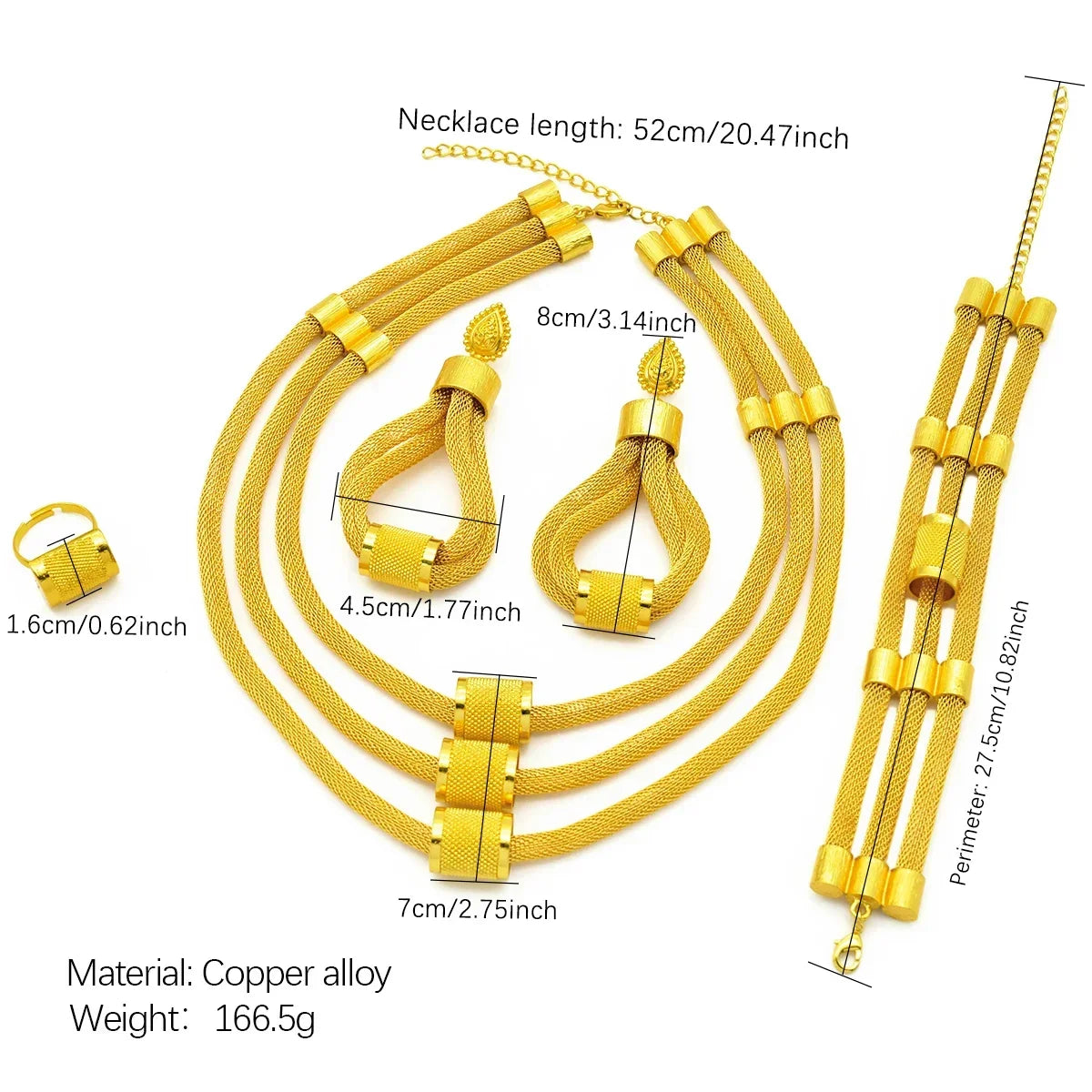 Parure de bijoux de luxe éthiopienne multicouche couleur or 24 carats pour femme, collier et boucles d'oreilles, style mariage, Dubaï, Inde.