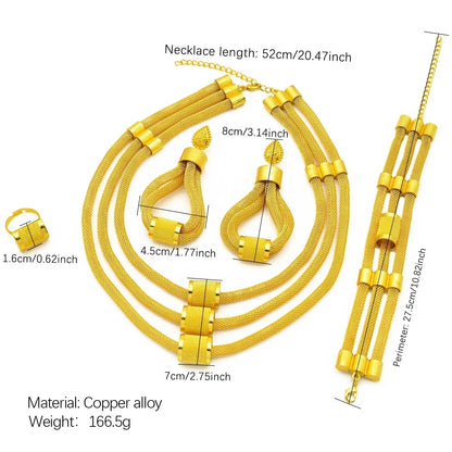 Parure de bijoux de luxe éthiopienne multicouche couleur or 24 carats pour femme, collier et boucles d'oreilles, style mariage, Dubaï, Inde.