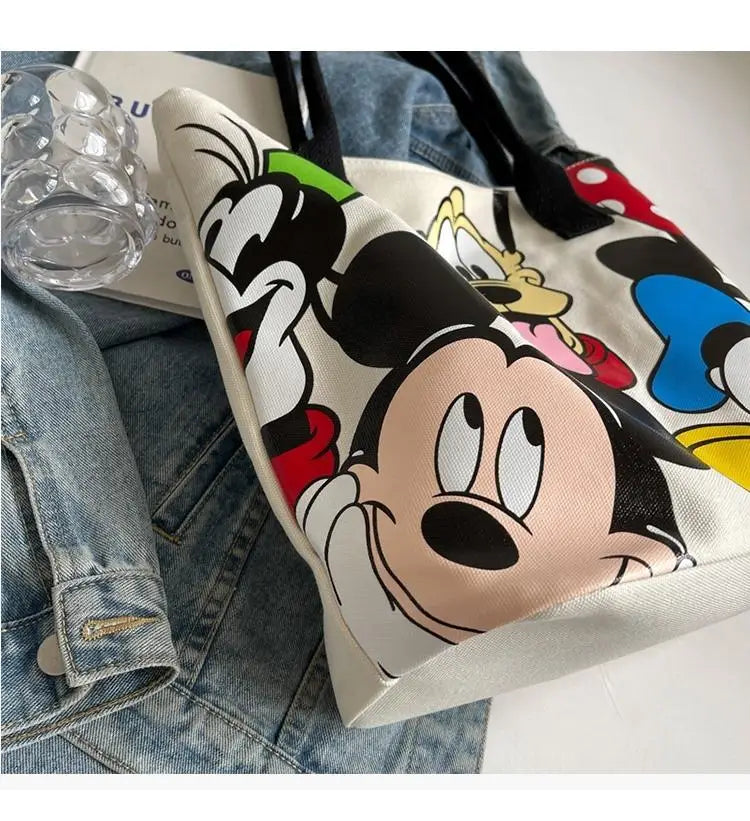 Cartoon Mickey Tote Bag Canvas Bag with Goofy Pattern Shoulder Bag Fashion Travel Large Capacity Canvas Bag Women Shopping Use
