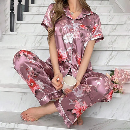 Satin Pajama for Women Flower Print Sleepwear Set Soft Comfort Home Clothes Autumn Short Sleeve Tops & Pants Pyjama Pijama Femme