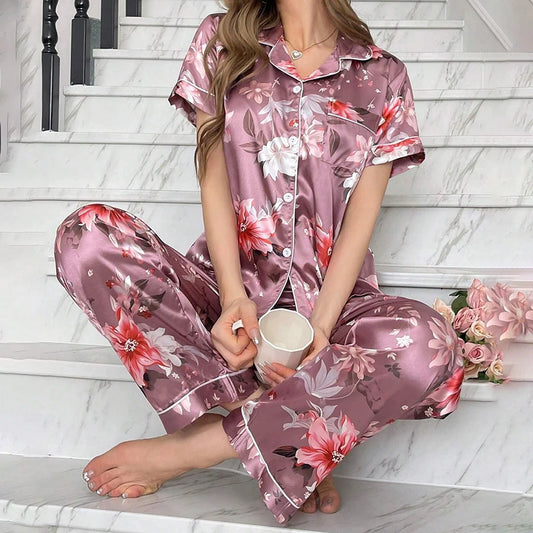 Satin Pajama for Women Flower Print Sleepwear Set Soft Comfort Home Clothes Autumn Short Sleeve Tops & Pants Pyjama Pijama Femme