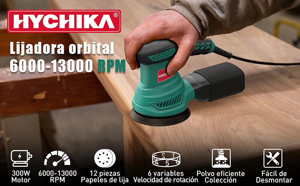 HYCHIKA 300W Random Orbital Sander with 12 Pieces Sandpaper 6 Speeds 230V Sanding Machine for Wood Metal Polishing Tools