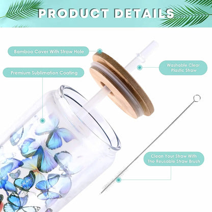 HTVRONT Lot de 8 gobelets à sublimation en verre dépoli/transparent de 473 ml (16 oz) avec couvercle en bambou - Gobelets vierges à sublimer soi-même pour café glacé