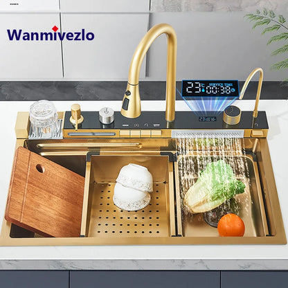 Évier double cascade doré en acier inoxydable, évier de cuisine avec grand bac à évier unique en relief, bassin de lavage pour la cuisine