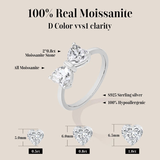 ATTAGEMS 925 Sterling Silver Bow Knot Moissanite Rings For Women  2pcs 0.8ct Heart-cut D VVS1 Party Luxury Jewelry Gift for Her