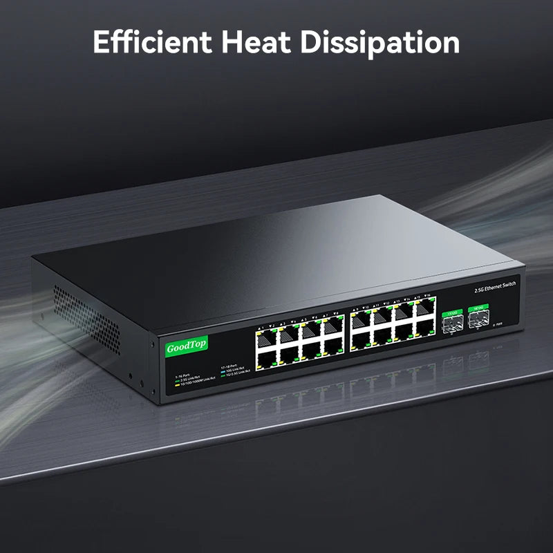GoodTop 16 Port 2.5G Ethernet Switch with 2 Port 10G SFP+ Network Switch 120G Bandwidth Unmanaged Networking Home Lab Switch