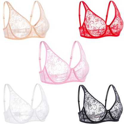 Bras For Women Plus Size Lace Mesh BH Tops Underwire Embroidery See Through Sexy Underwear Lingerie Brassiere A B C D DD Cup