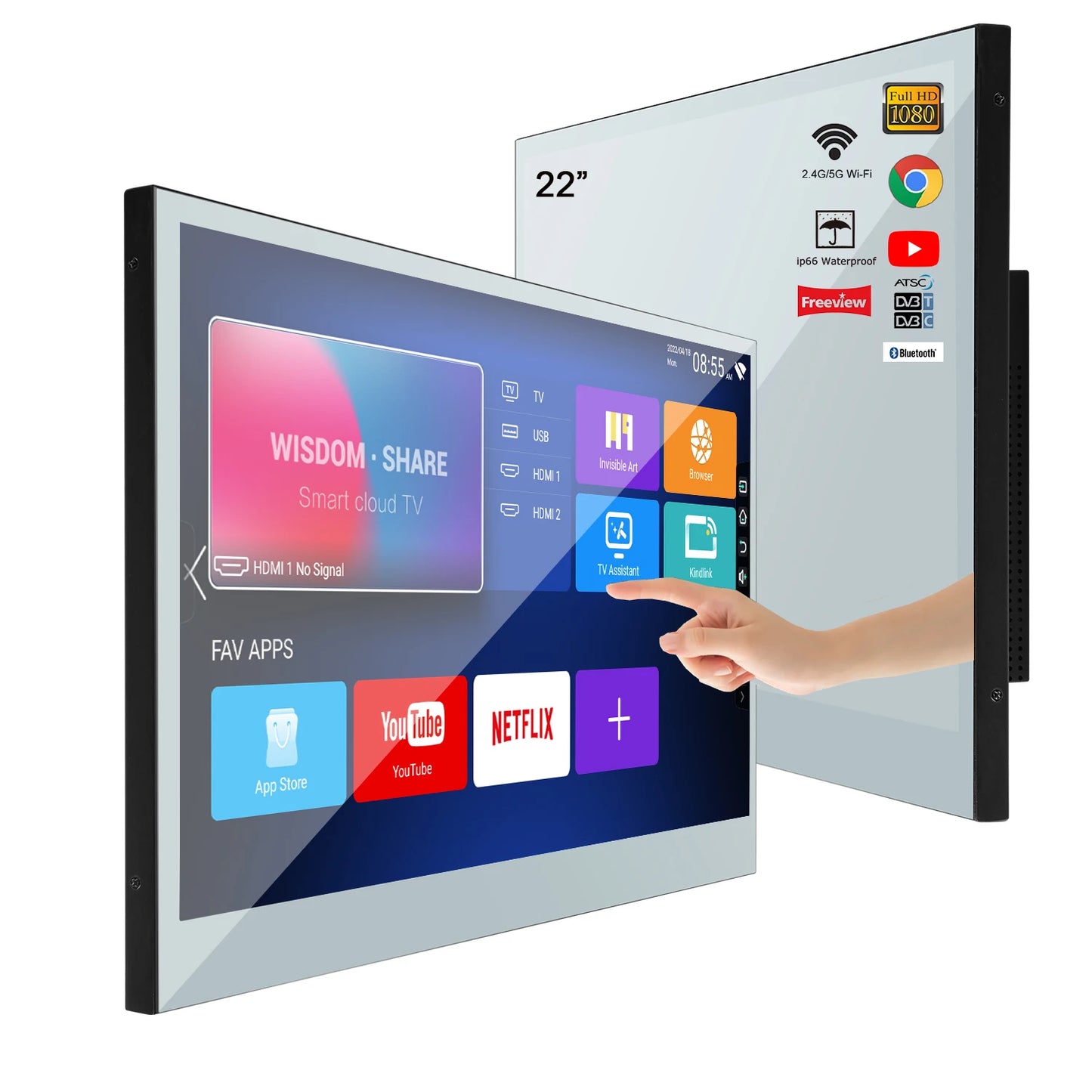 Souria 32inch Smart Mirror Touchscreen FHD LED TV Water Resistant Magic Android Bluetooth DTV Tuner Bathroom SPA Kitchen