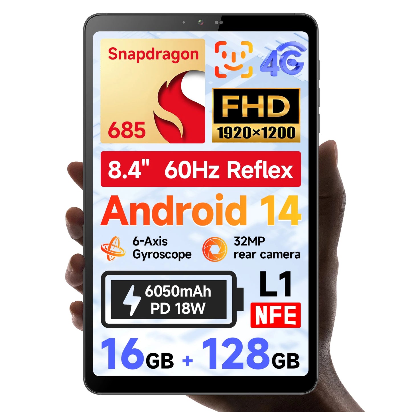 BNCF BPad Mini 8.4 inch Snapdragon SMD685 Tablet Android14 (8+8)GB RAM+128GB ROM 6050mAh Battery 4G LTE Widevine L1 2K IPS Tab