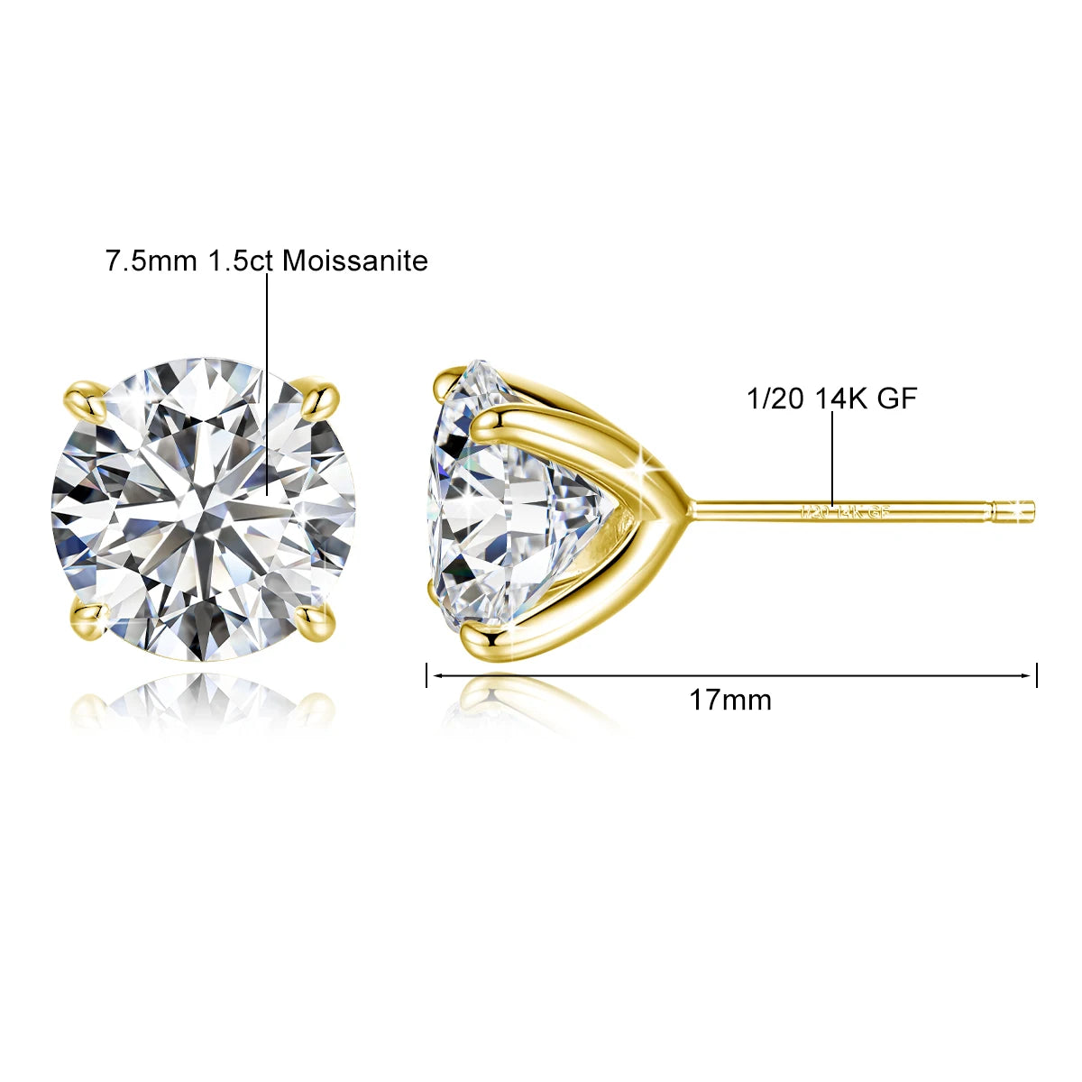 Boucles d'oreilles puces en or 14 carats plaqué, serties de moissanite (0,2-3 carats, taille brillant GRA), pour femmes et hommes, bijoux durables pour fiançailles et mariages.