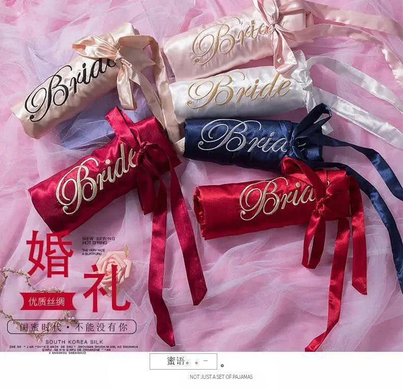 Bride Bridesmaid Wedding Robe Embroidery Kimono Bathrobe Gown Nightgown Casual Satin Short Women Sexy Nightwear Sleepwear