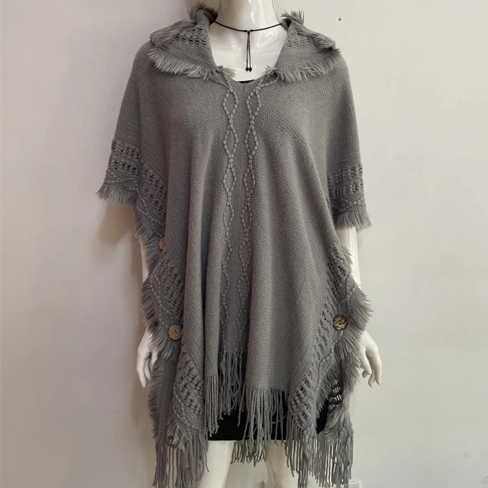 Women Knitted Cape Shawl Wrap Cloak Ethnic Hooded Poncho Hoody Jumper Sweater Tassels Dropshipping