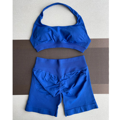 2 Pieces Yoga Gym Set Women Seamless Strappy Yoga Bra High Waist Workout Scrunch Shorts Sports Set Fitness Clothes Sportswear