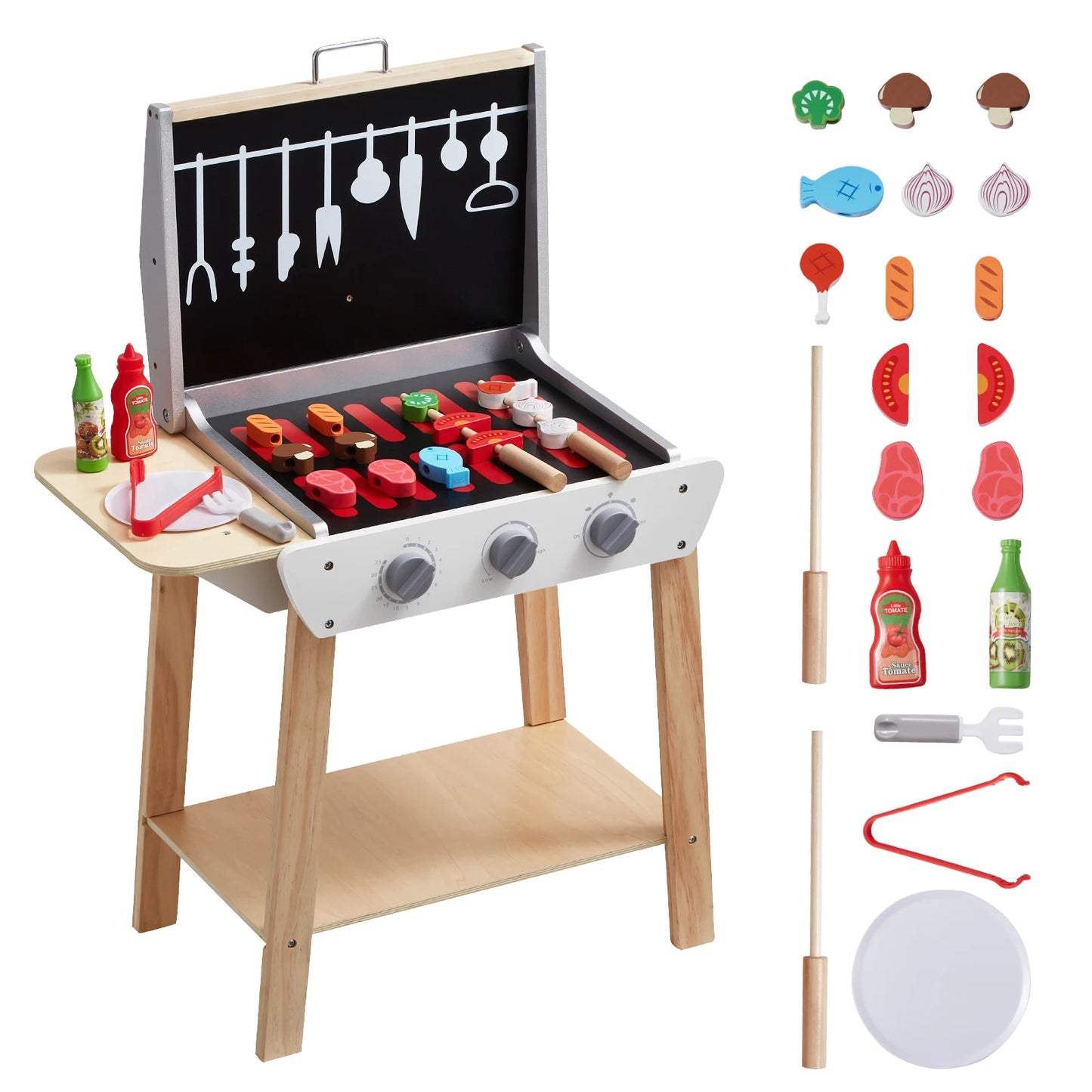 SucceBuy Cuisine de simulation Barbecue Ensemble de jeu de grill en bois, jouet Montessori pour enfants, cadeau pour filles
