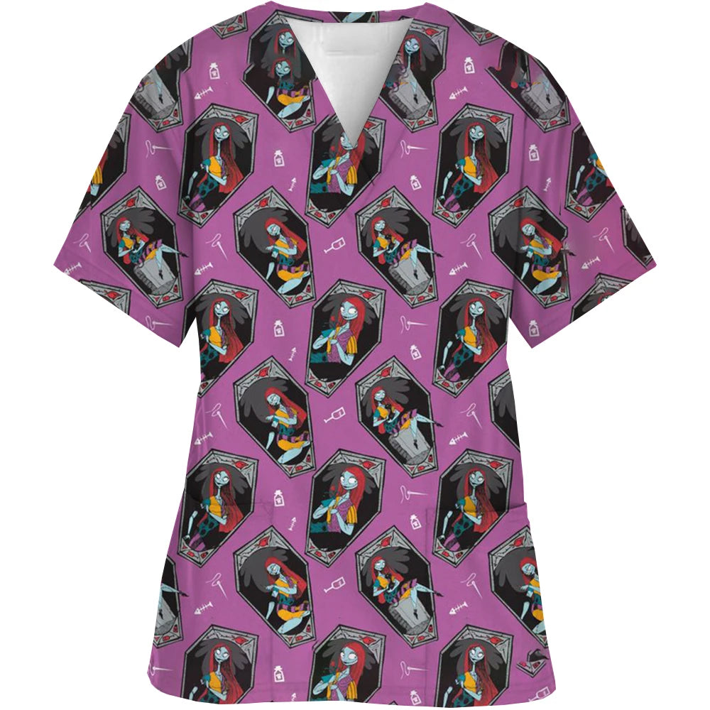 Vêtements de travail à col en V, motif cauchemar de Noël, pour Halloween, chirurgie, grande taille, infirmière, vêtements médicaux, haut mat pour femmes