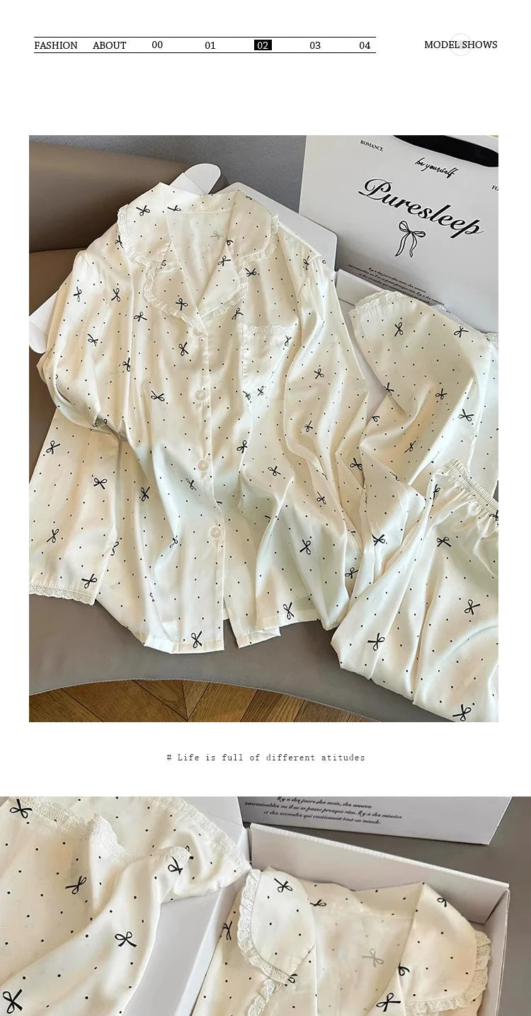 French-Inspired Chic, High-Fashion Aesthetic Instagram-Worthy Bow-Adorned Ice-Silk Lace-Trimmed Long-Sleeved Trouser Pyjamas