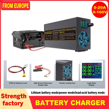 0-100V25A Lifepo4 Charger 24V48V64V72V Fast Charger Lithium Battery Charger 14.6V 100A 60A Battery Adapter Adjustable voltage