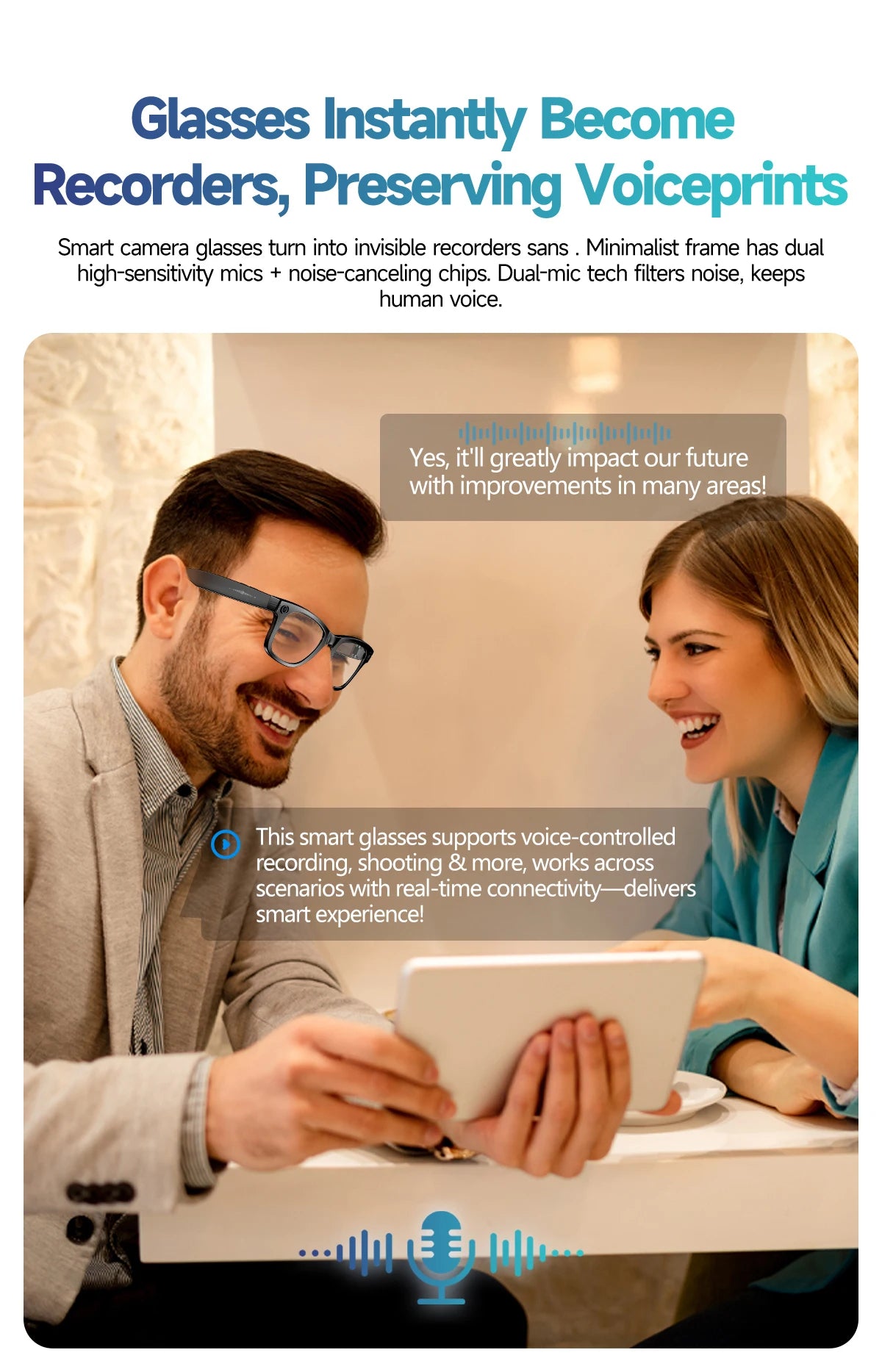 Lunettes intelligentes IA avec caméra 8 MP, enregistrement vidéo, traduction de plus de 100 langues, appels Bluetooth et lecture de musique. Modèle homme/femme (2025).