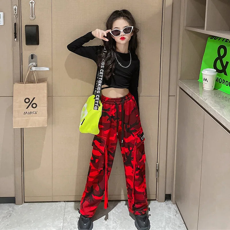 Girls Camouflage Pants Kids Fashion Casual High waisted wide leg pants 2025 Spring Fall ClothesTeen Girl Trousers 8 10 12 14Y