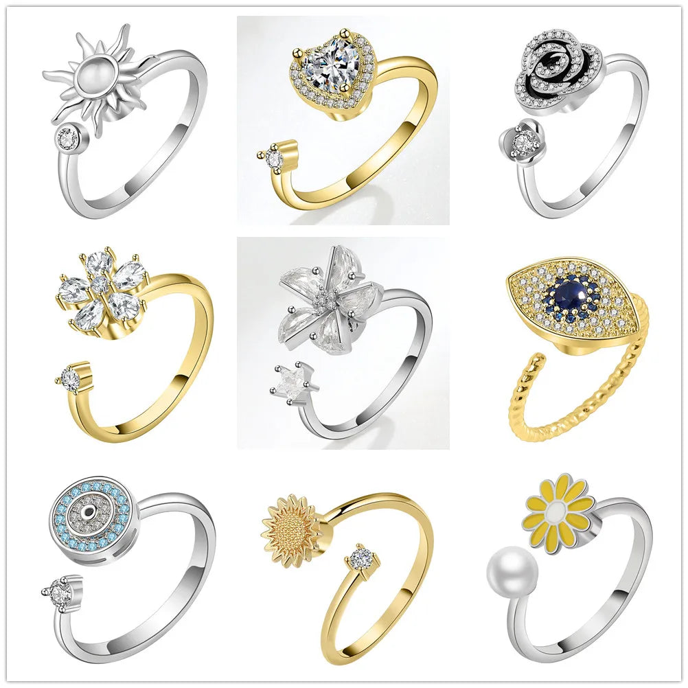 sweet flower plant rotating anxiety fidget rings for girl Gold Color Adjustable Wedding Aesthetic anti stress Ring