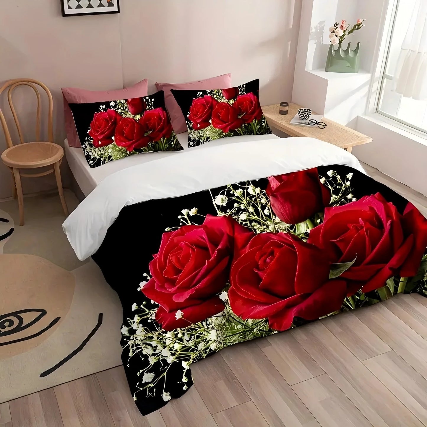 Red Roses 3D Printed Duvet Cover Valentine's Day theme Bedding set Soft Comfortable Luxury Couple style Quilt Cover Pillowcase