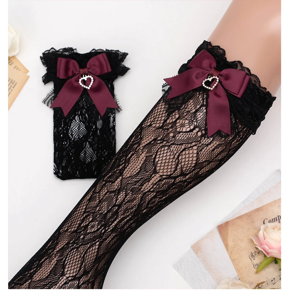 JK Lolita Lace Stockings Bow Knot Sweet Socks Female Long Stocking Teen Uniform Calf Socks Student Cute JK Socks