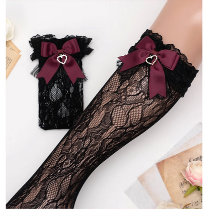 JK Lolita Lace Stockings Bow Knot Sweet Socks Female Long Stocking Teen Uniform Calf Socks Student Cute JK Socks