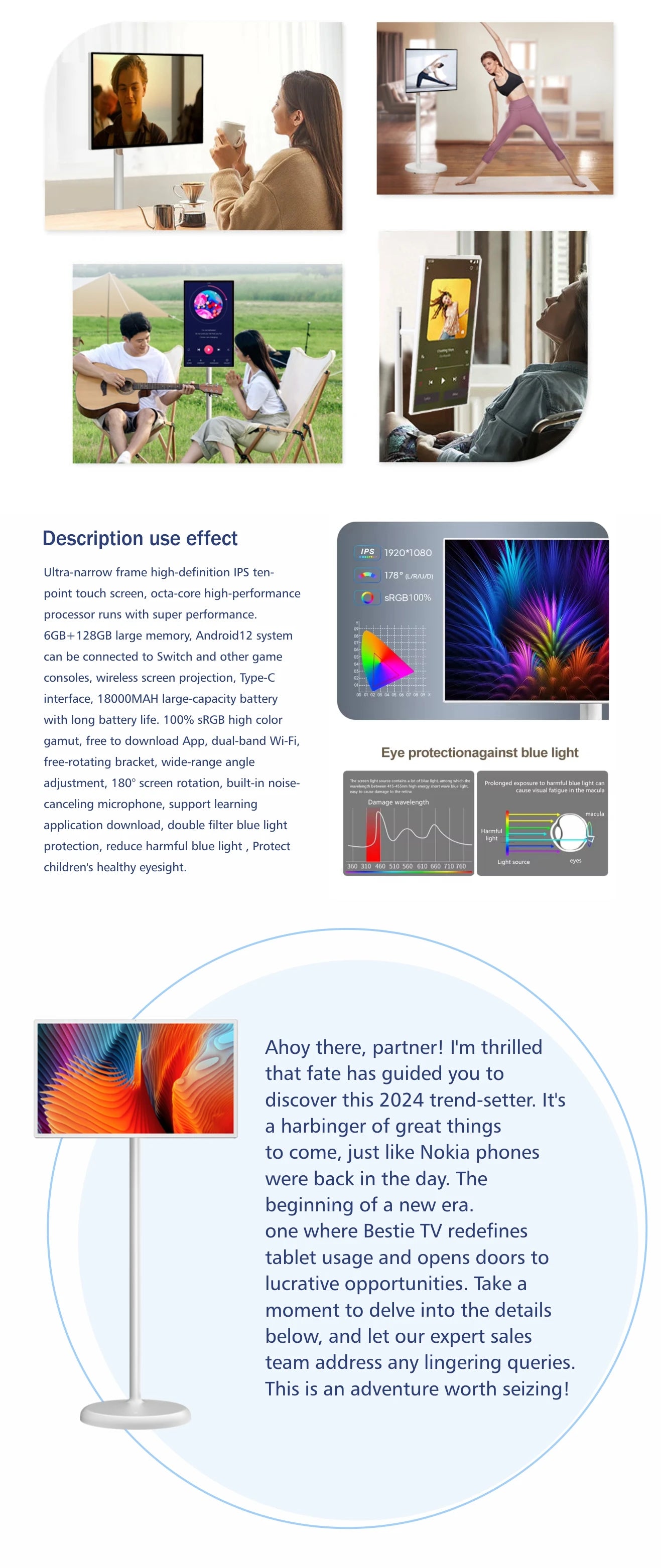 Téléviseur portable sans fil avec écran tactile 21,5 pouces, rechargeable et rotatif à 360°.