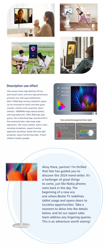 Téléviseur portable sans fil avec écran tactile 21,5 pouces, rechargeable et rotatif à 360°.