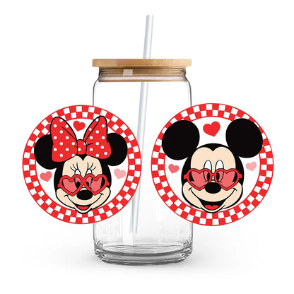 Valentine's Day cartoon Mickey Minnie Stitch Love 16oz Glass Cup UV DTF Transfer Film High-Quality Wraps Transfer Decals