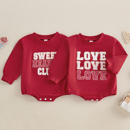Newborn Baby Girl Boy Sweatshirt Romper Autumn Spring Letter Embroidered Long Sleeve Round Neck Jumpsuits for Valentine's Day