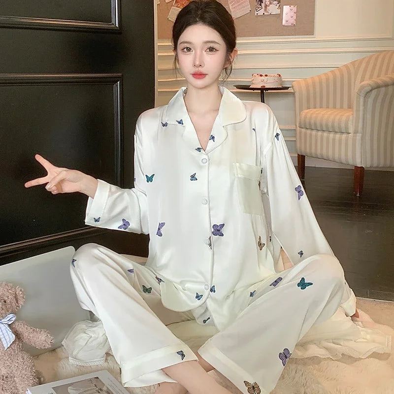 French Elegant Romantic Butterfly Print Women Pajamas Simple Ins Literary Aesthetics Sleepwear 2024 Fall Winter New Y2k Lounges