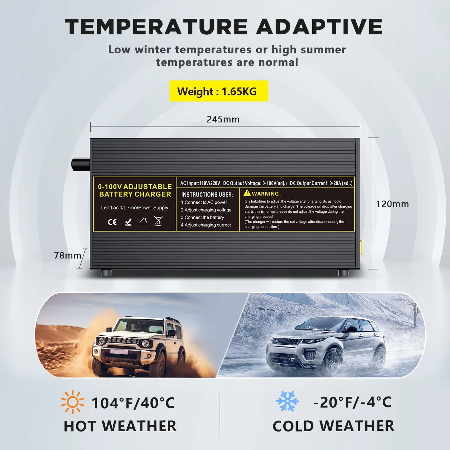 0-100V25A Lifepo4 Charger 24V48V64V72V Fast Charger Lithium Battery Charger 14.6V 100A 60A Battery Adapter Adjustable voltage