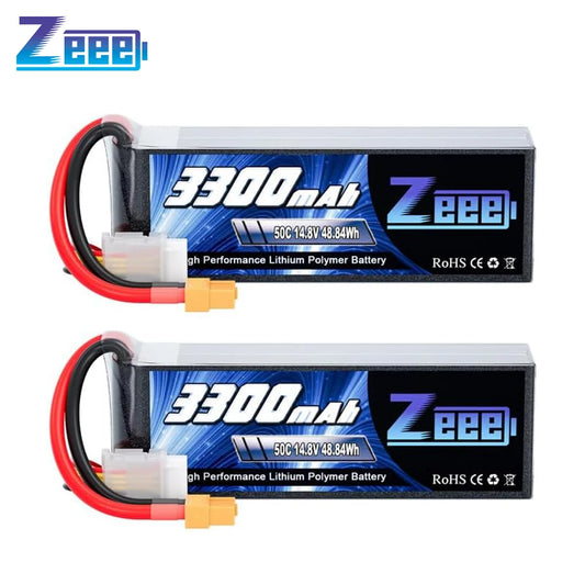 Lot de 2 batteries Zeee 4S Lipo FPV pour drone, 14,8 V, 3300 mAh, 50C, avec étui souple et connecteur XT60, compatibles avec voitures, hélicoptères et camions radiocommandés. Pièces détachées pour modèles réduits radiocommandés.