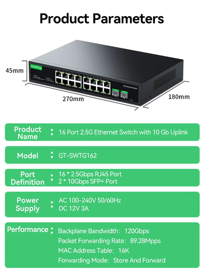 GoodTop 16 Port 2.5G Ethernet Switch with 2 Port 10G SFP+ Network Switch 120G Bandwidth Unmanaged Networking Home Lab Switch
